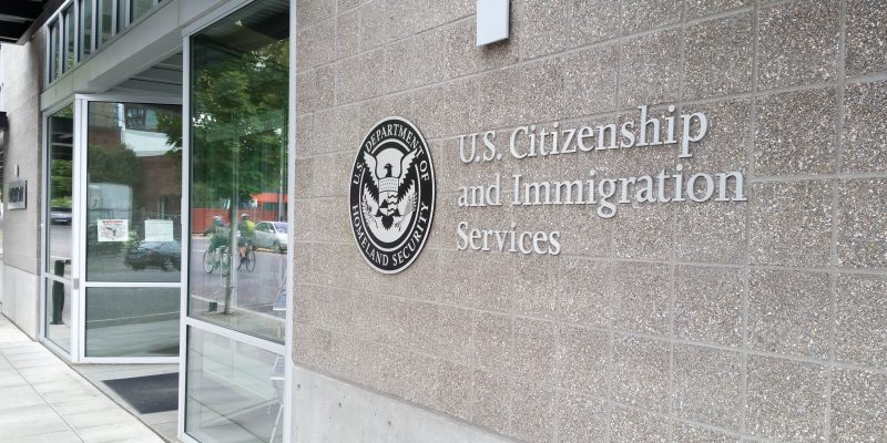 Portland, OR, USA - September 27, 2016: U.S. Citizenship and Immigration Services (USCIS) is a component of the United States Department of Homeland Security (DHS). It performs many administrative functions formerly carried out by the former United States Immigration and Naturalization Service (INS), which was part of the Department of Justice.